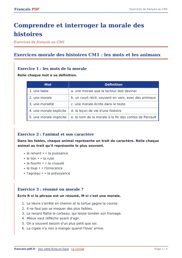 Exercices « Comprendre et interroger la morale des histoires » en PDF