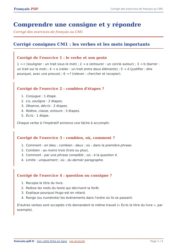 Corrigé « Comprendre une consigne et y répondre » en PDF
