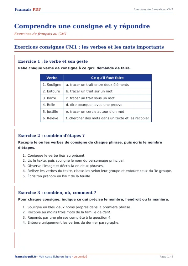 Exercices « Comprendre une consigne et y répondre » en PDF