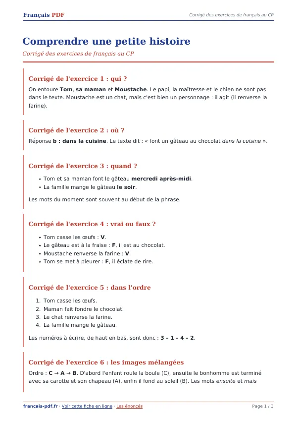 Corrigé « Comprendre une petite histoire » en PDF