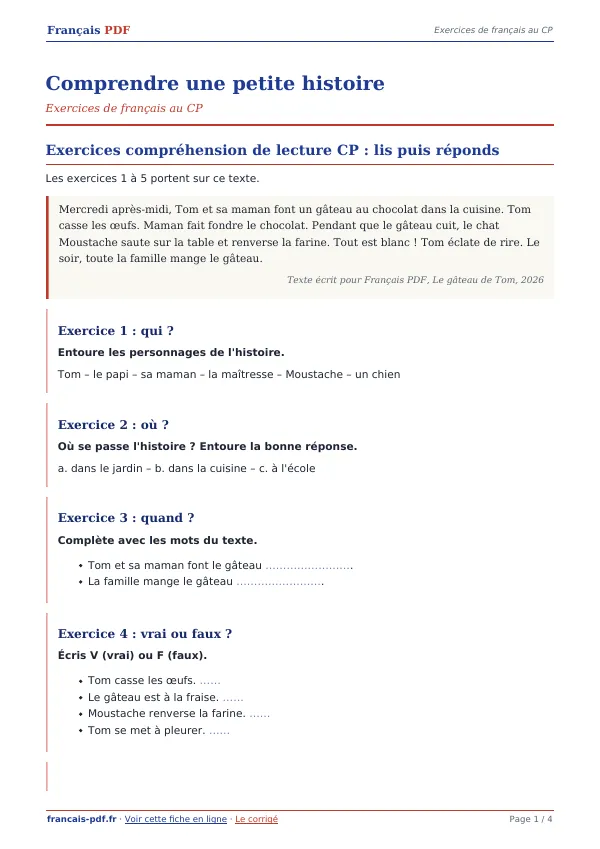 Exercices « Comprendre une petite histoire » en PDF