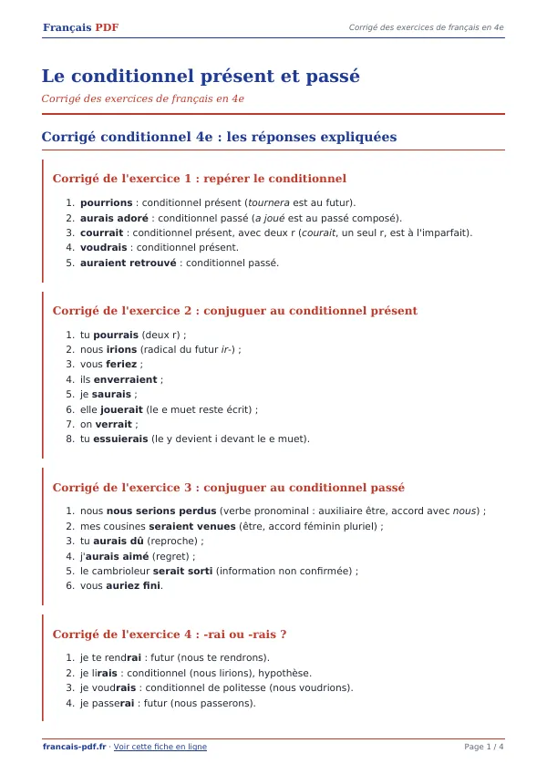 Corrigé « Le conditionnel présent et passé » en PDF