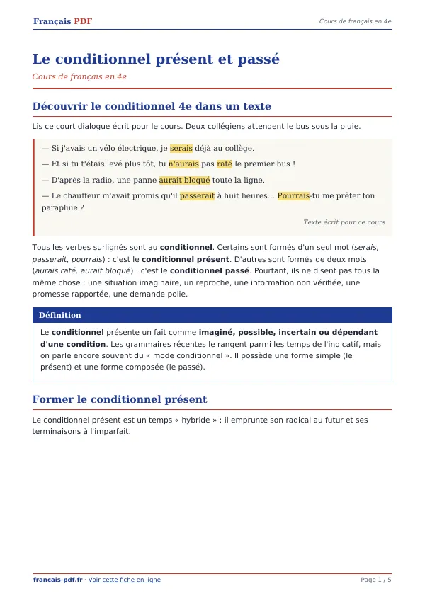 Cours « Le conditionnel présent et passé » en PDF