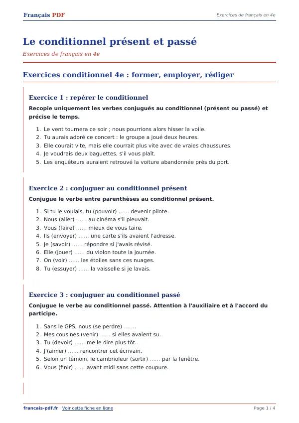 Exercices « Le conditionnel présent et passé » en PDF