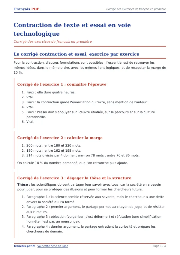 Corrigé « Contraction de texte et essai en voie technologique » en PDF