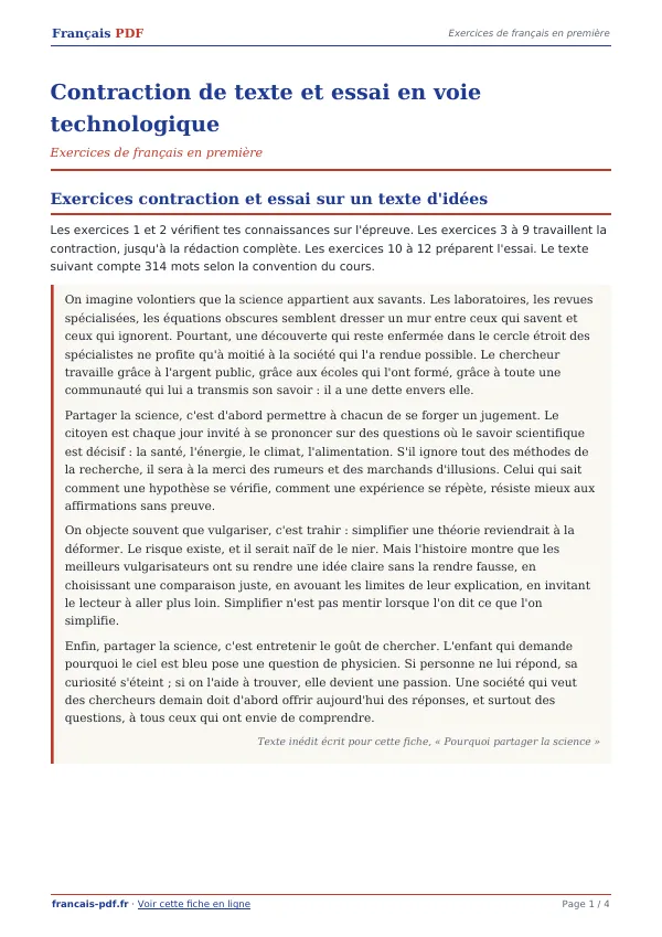 Exercices « Contraction de texte et essai en voie technologique » en PDF