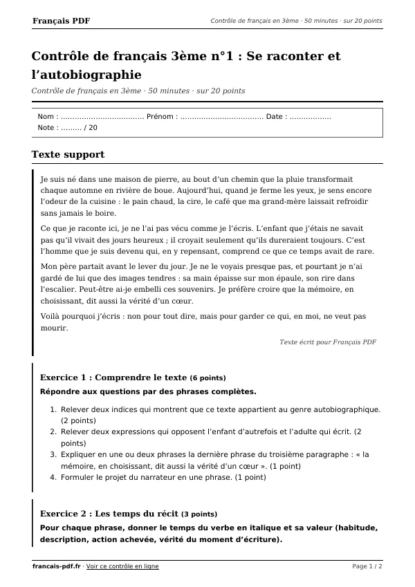 Contrôle de français 3ème n°1 en PDF