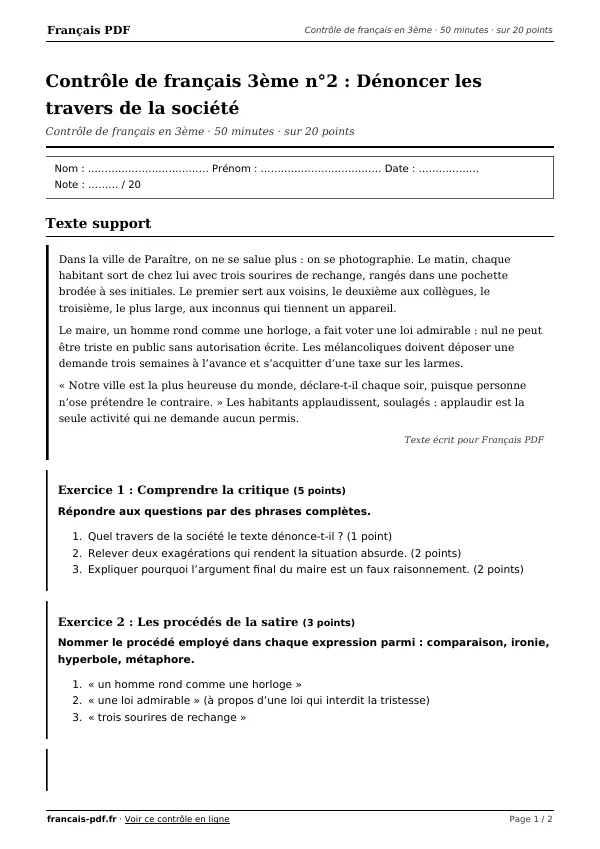 Contrôle de français 3ème n°2 en PDF