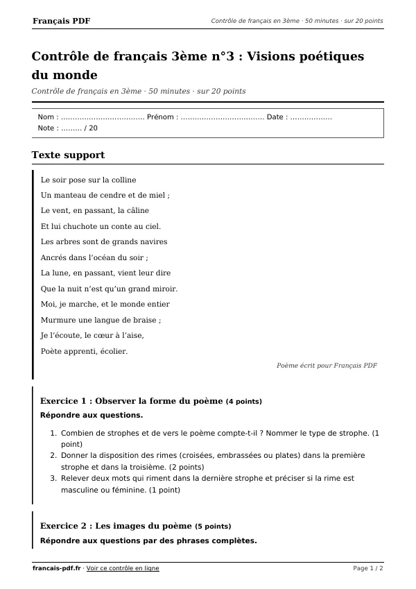 Contrôle de français 3ème n°3 en PDF