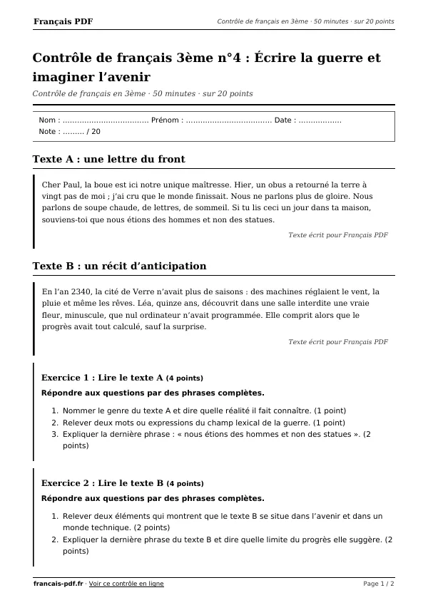 Contrôle de français 3ème n°4 en PDF