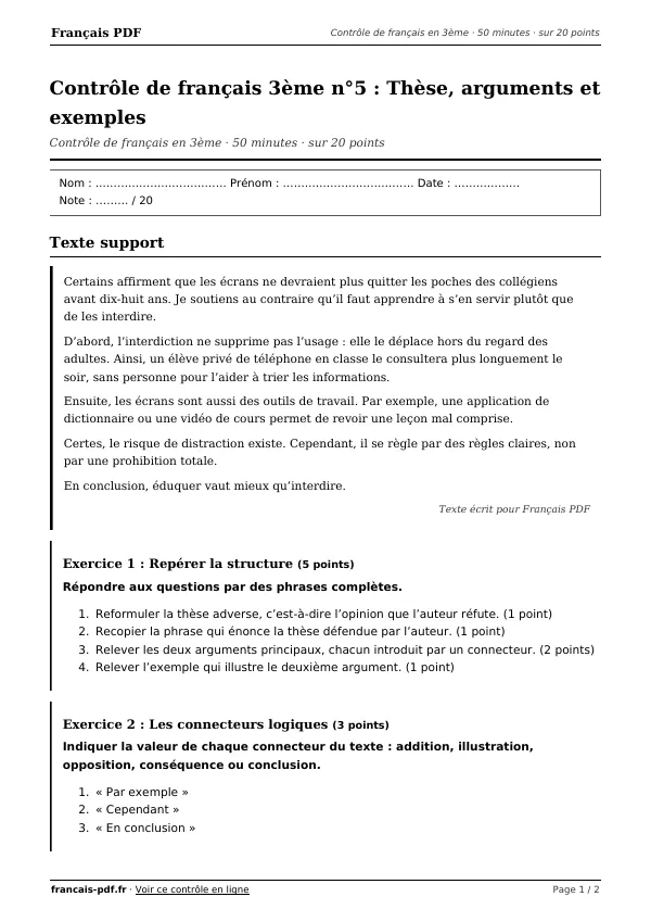 Contrôle de français 3ème n°5 en PDF