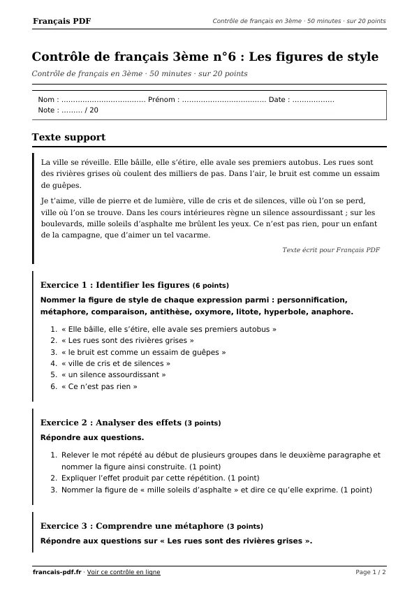 Contrôle de français 3ème n°6 en PDF