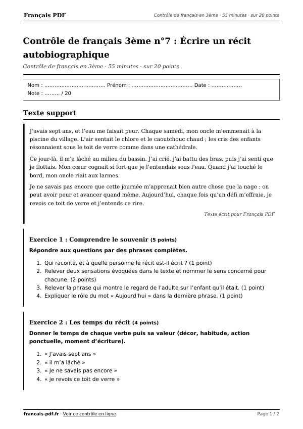 Contrôle de français 3ème n°7 en PDF