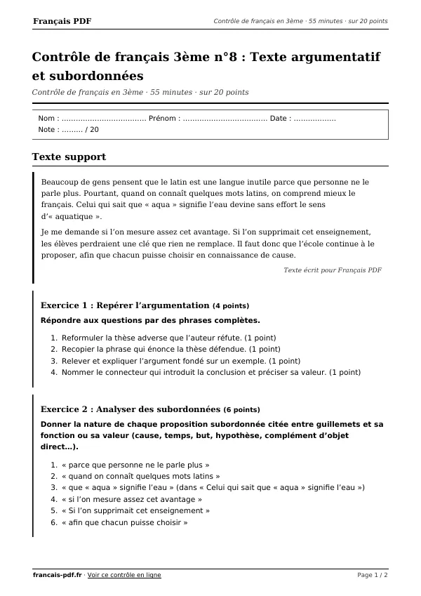 Contrôle de français 3ème n°8 en PDF