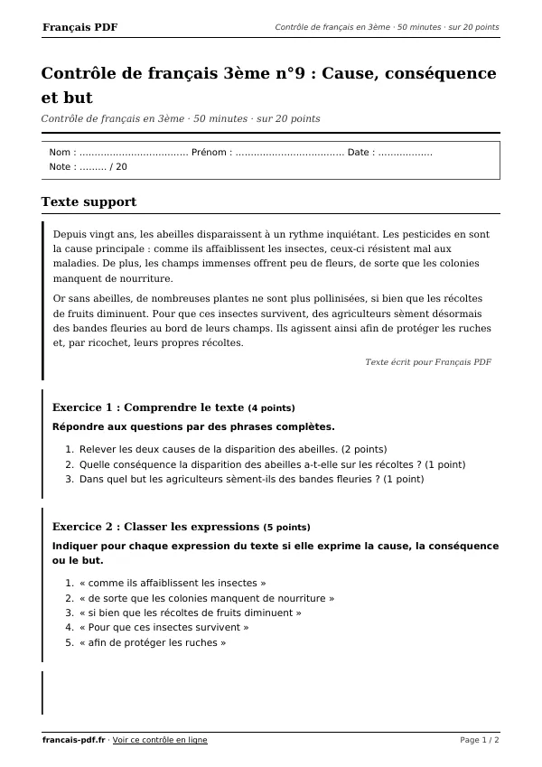 Contrôle de français 3ème n°9 en PDF