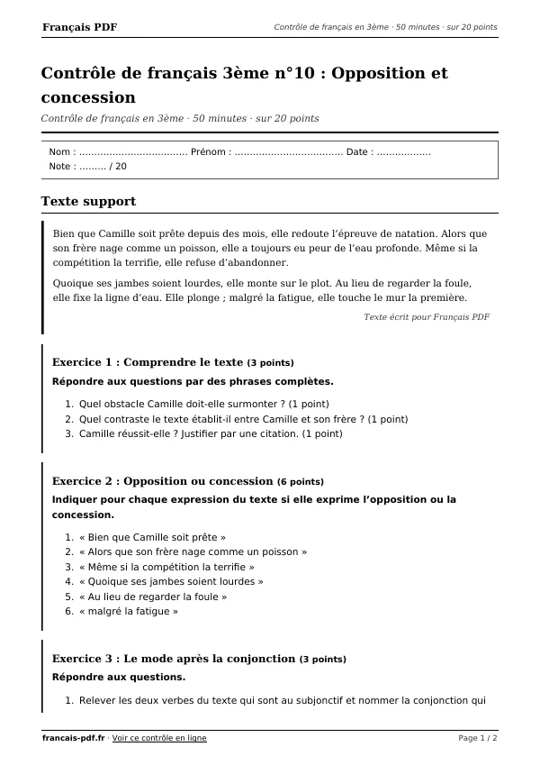 Contrôle de français 3ème n°10 en PDF