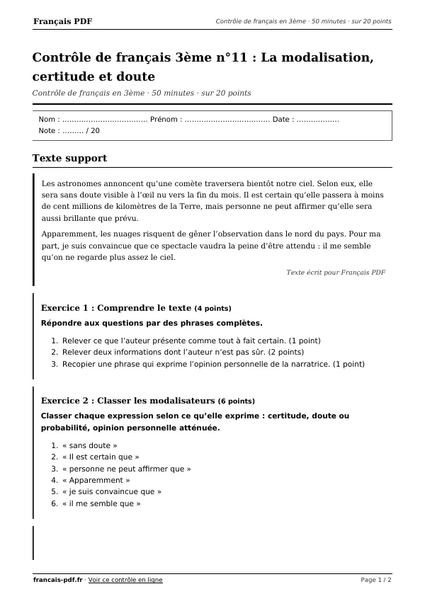 Contrôle de français 3ème n°11 en PDF