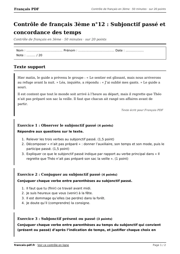 Contrôle de français 3ème n°12 en PDF