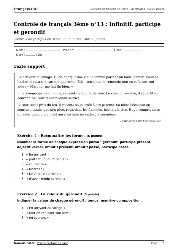 Contrôle de français 3ème n°13 en PDF