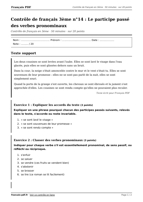 Contrôle de français 3ème n°14 en PDF