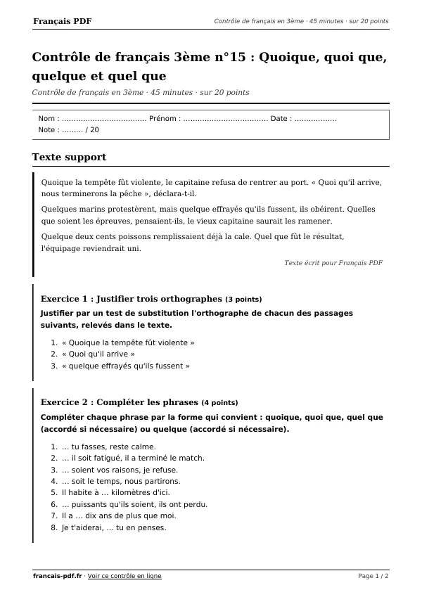 Contrôle de français 3ème n°15 en PDF