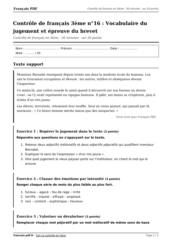 Contrôle de français 3ème n°16 en PDF