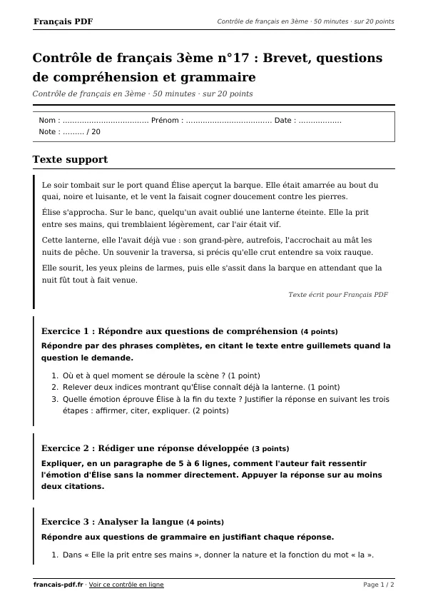 Contrôle de français 3ème n°17 en PDF