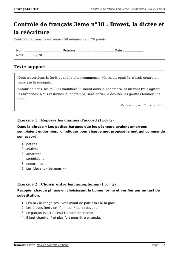 Contrôle de français 3ème n°18 en PDF