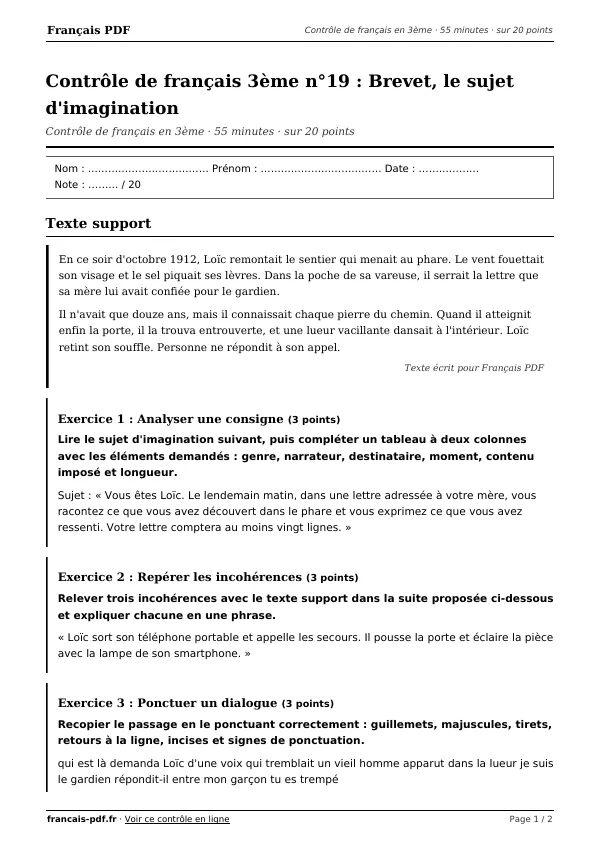 Contrôle de français 3ème n°19 en PDF
