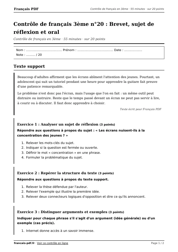 Contrôle de français 3ème n°20 en PDF