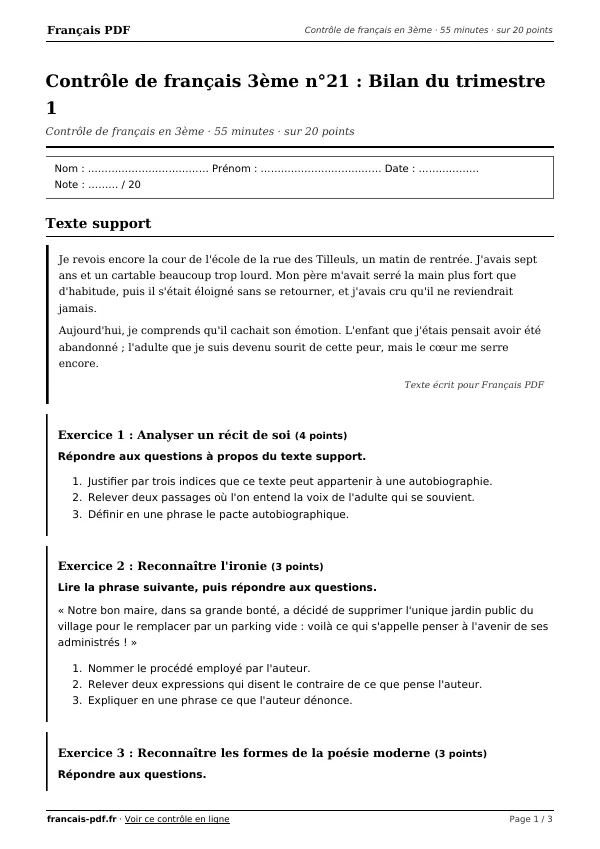 Contrôle de français 3ème n°21 en PDF