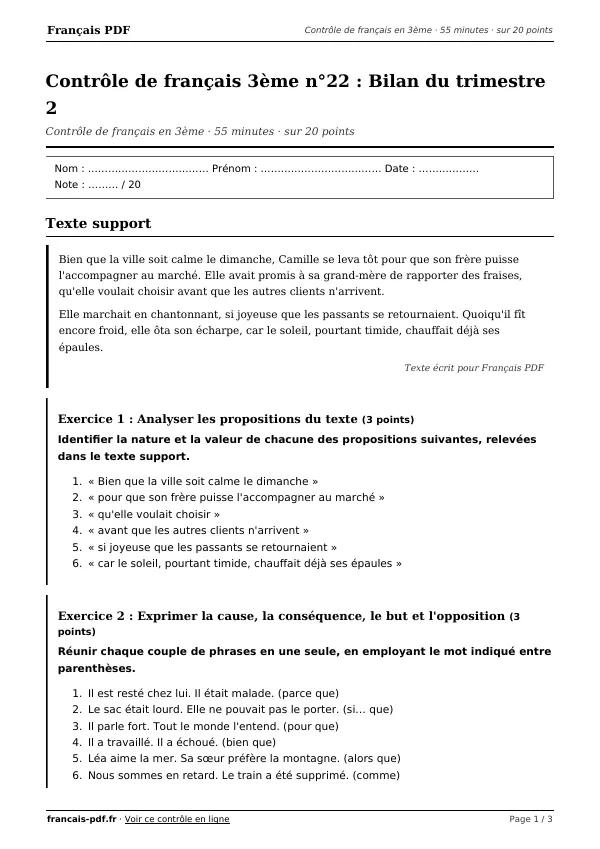 Contrôle de français 3ème n°22 en PDF