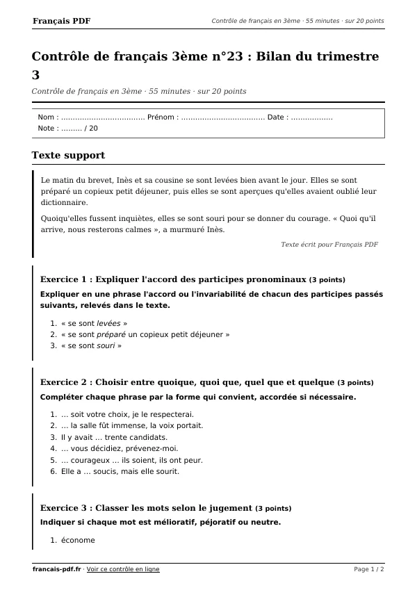 Contrôle de français 3ème n°23 en PDF