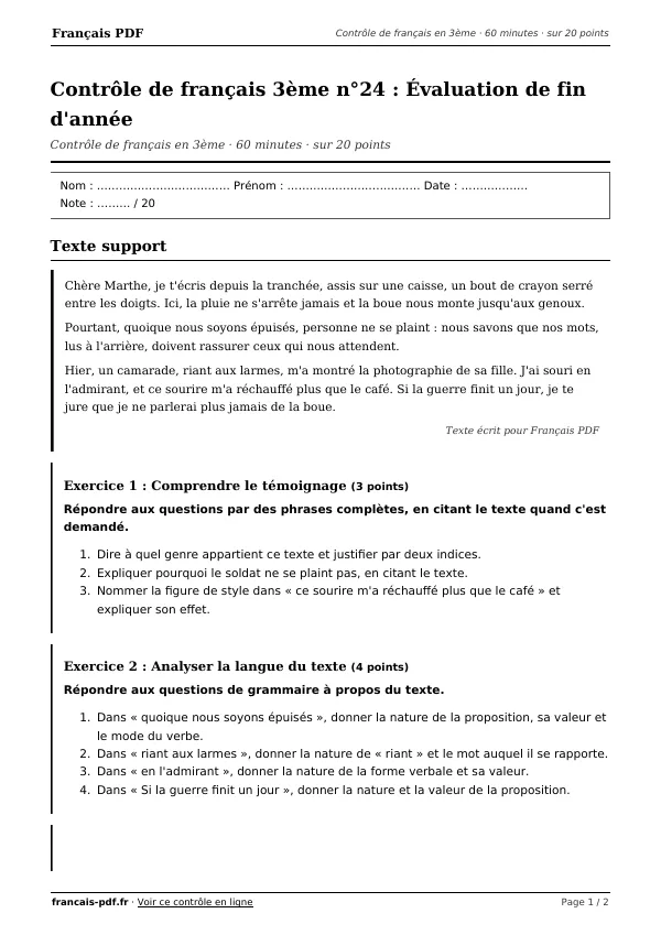 Contrôle de français 3ème n°24 en PDF