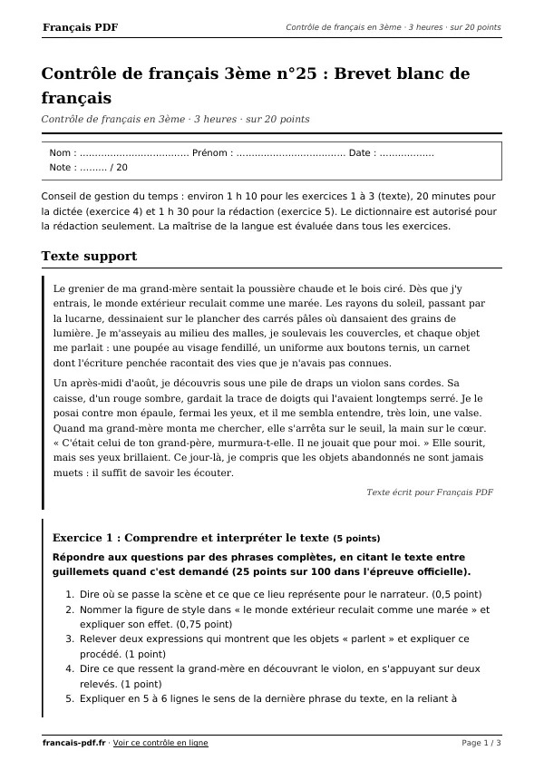 Contrôle de français 3ème n°25 en PDF