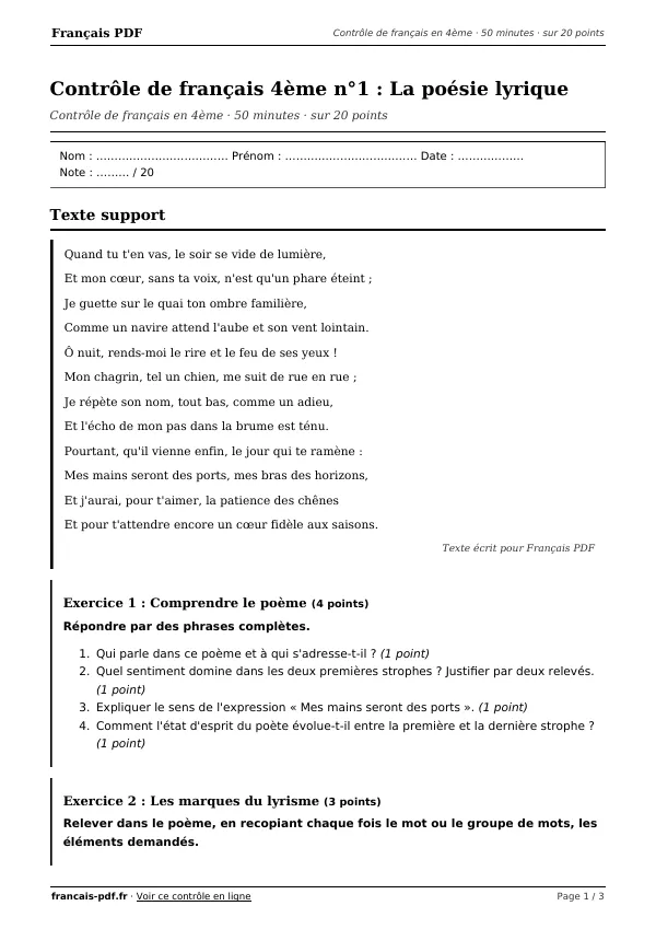 Contrôle de français 4ème n°1 en PDF