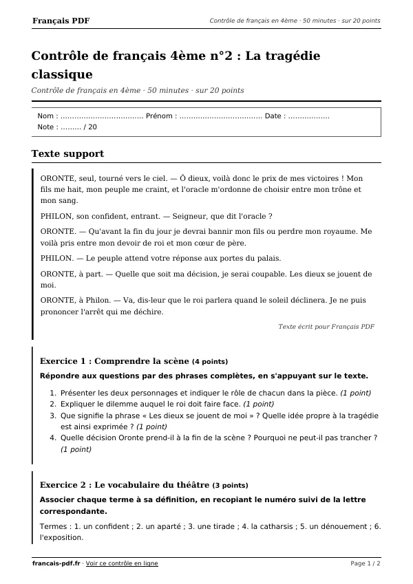 Contrôle de français 4ème n°2 en PDF