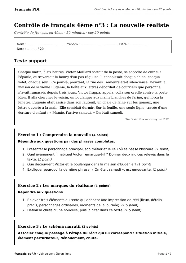 Contrôle de français 4ème n°3 en PDF