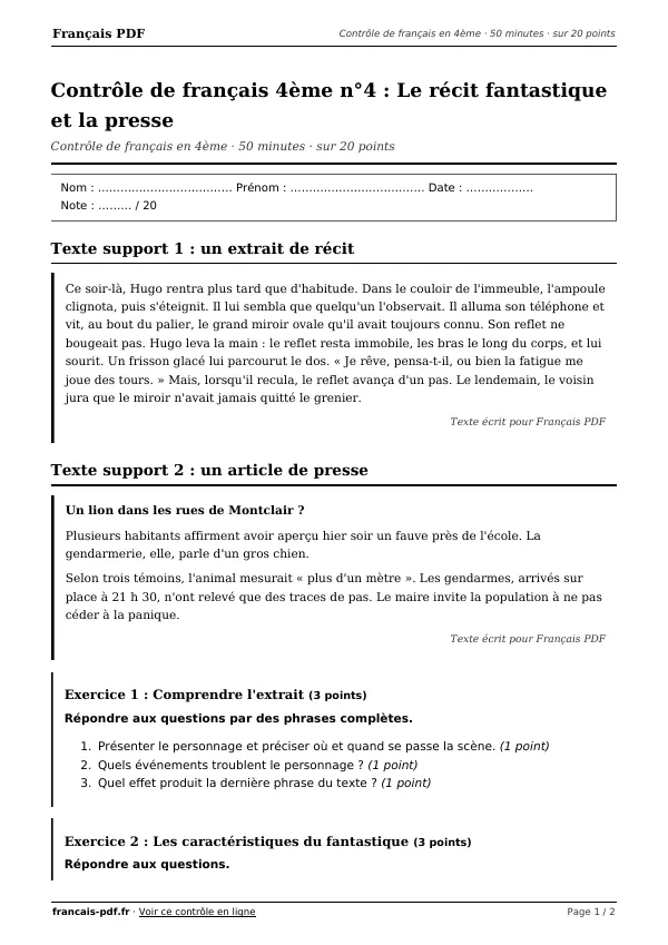 Contrôle de français 4ème n°4 en PDF