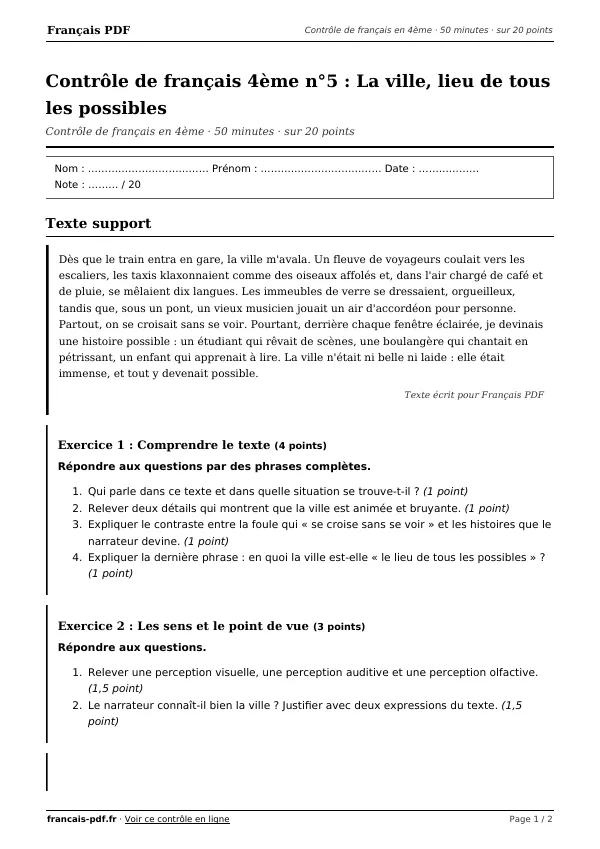 Contrôle de français 4ème n°5 en PDF