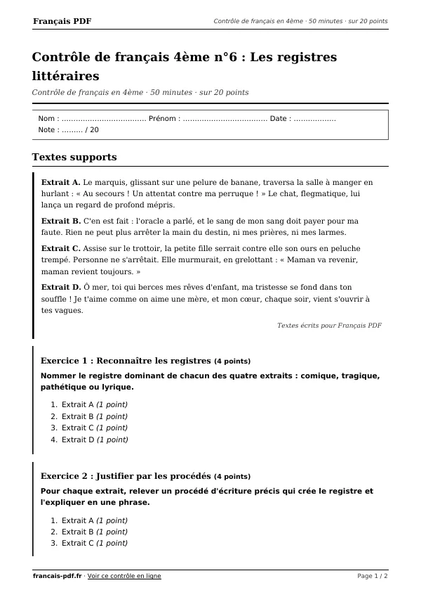 Contrôle de français 4ème n°6 en PDF