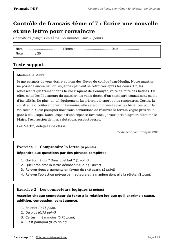 Contrôle de français 4ème n°7 en PDF