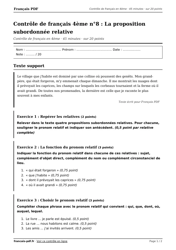 Contrôle de français 4ème n°8 en PDF