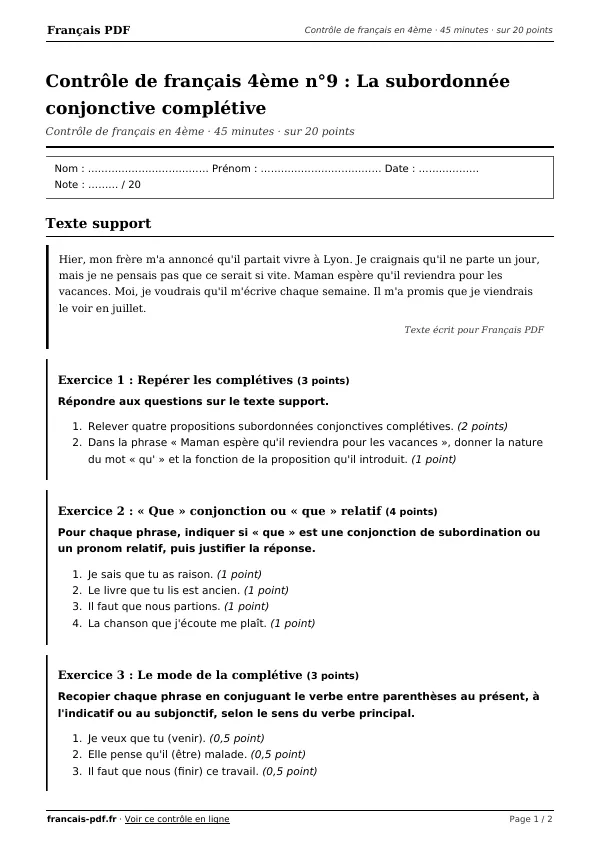 Contrôle de français 4ème n°9 en PDF
