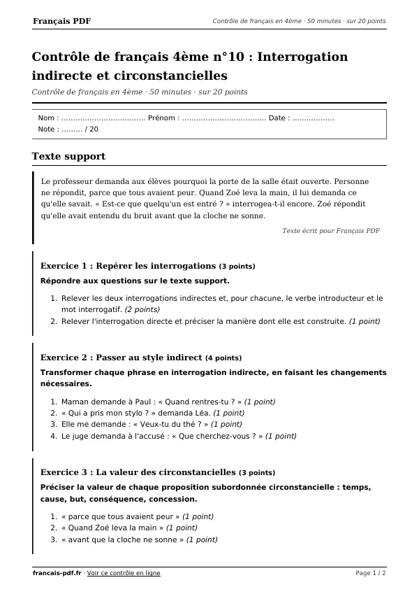 Contrôle de français 4ème n°10 en PDF