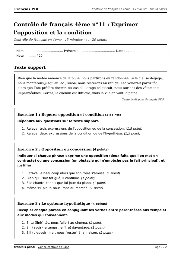 Contrôle de français 4ème n°11 en PDF