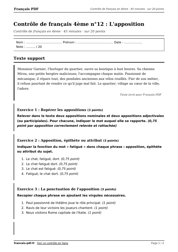 Contrôle de français 4ème n°12 en PDF