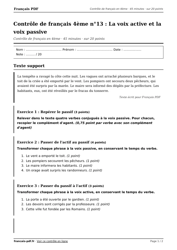 Contrôle de français 4ème n°13 en PDF