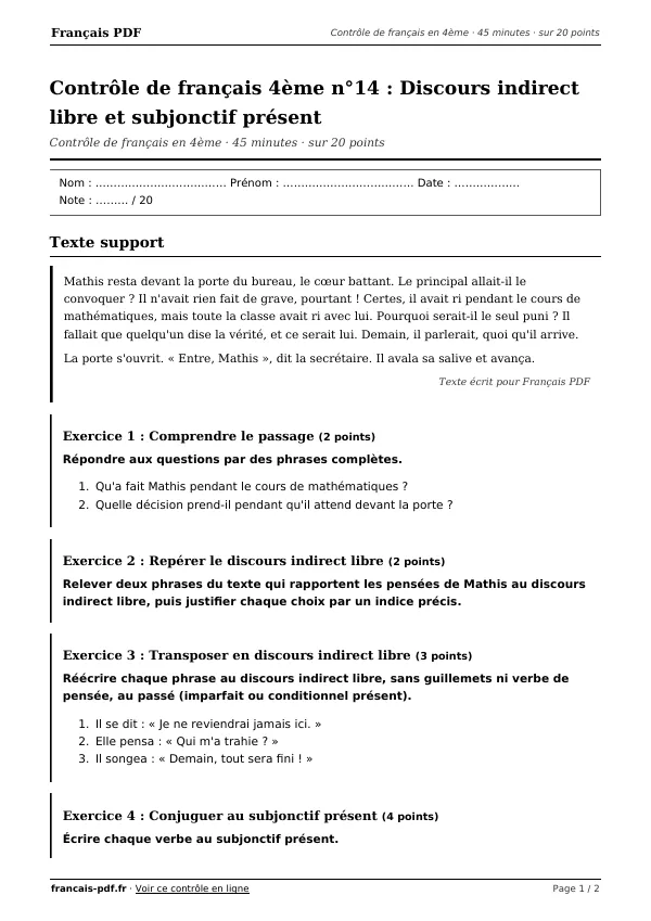 Contrôle de français 4ème n°14 en PDF