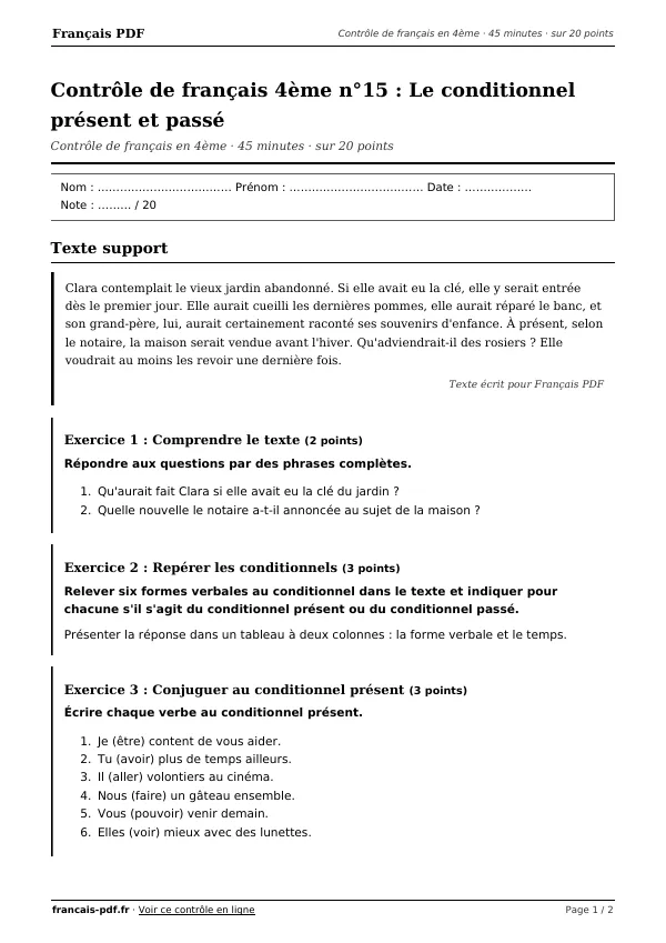 Contrôle de français 4ème n°15 en PDF